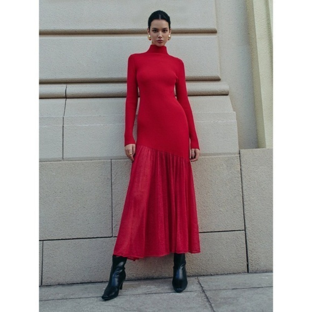Commense Red Knit Maxi Dress Turtleneck Long Sleeve Evening Cocktail Dress